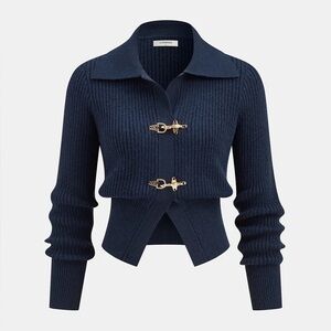 Commense Collared Metal Buckle Ribbed Cropped Sweater